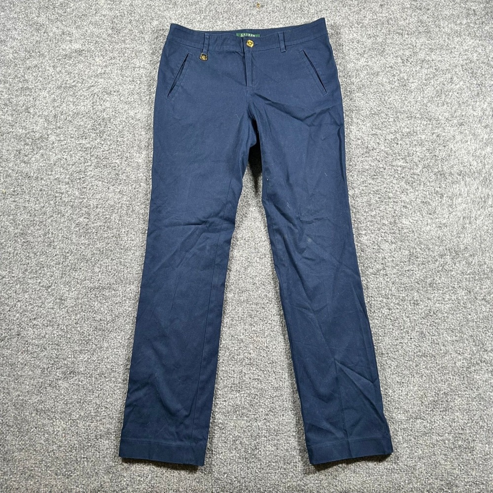 Lauren Ralph Lauren Pants Womens 2 Navy Blue Chino Straight Leg Gold Hardware